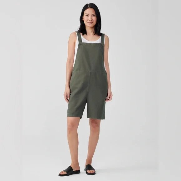 Eileen Fisher Cotton Hemp Stretch Short Overalls in Olive Green S